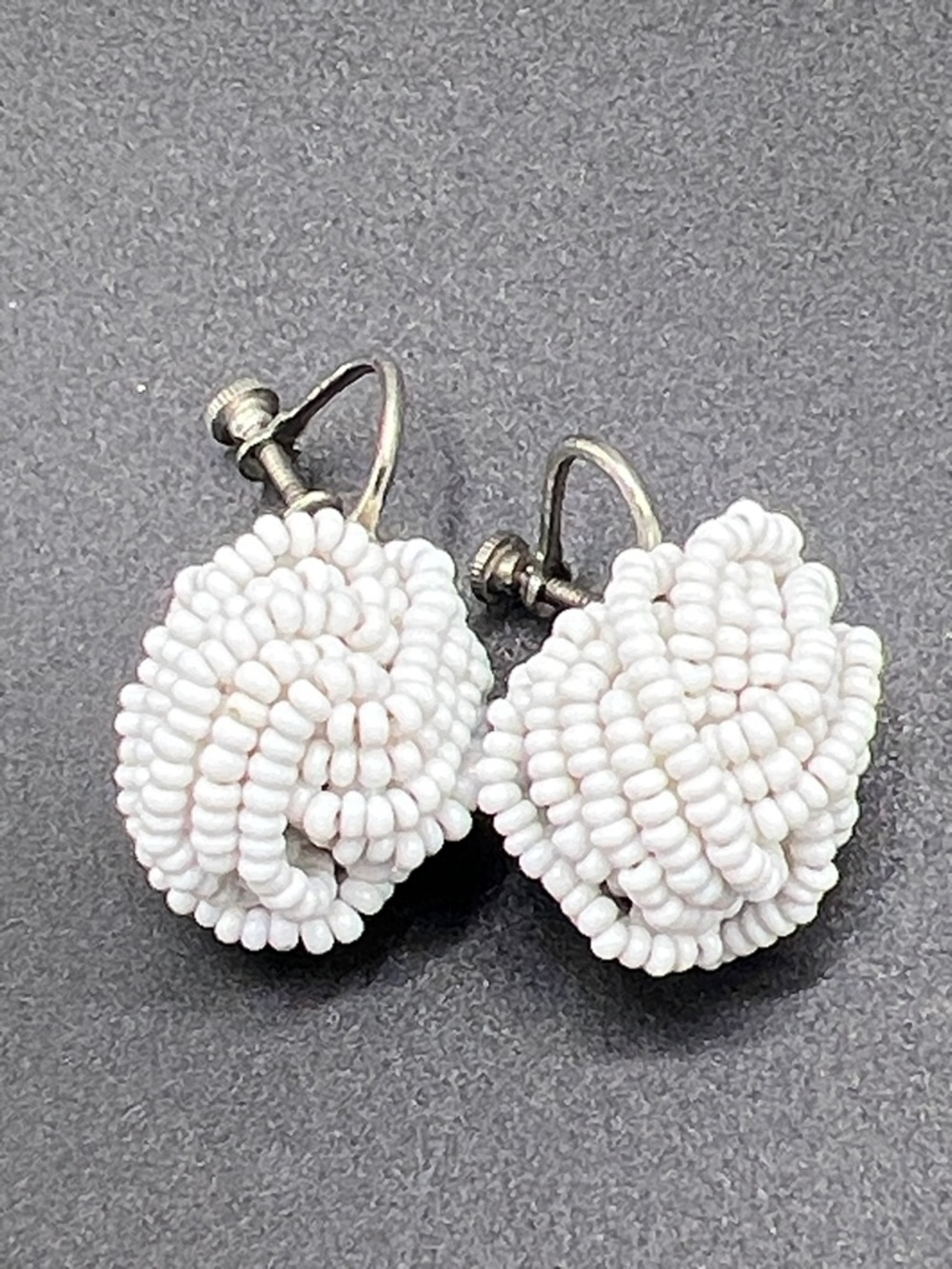 Vintage White Beaded Clip-On Earrings